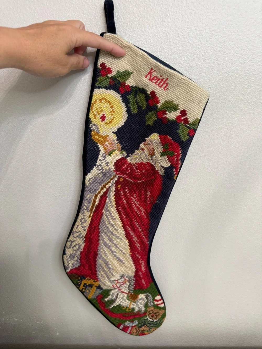 Lands End navy blue wool Needlepoint Santa Christmas Stocking Keith